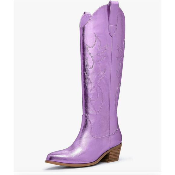Electric Cowboy Metallic Matte Western Knee High Cowgirl  Ouepiano Western Boots Womens 7 Purple Metallic Cowboy Knee High Faux Leather